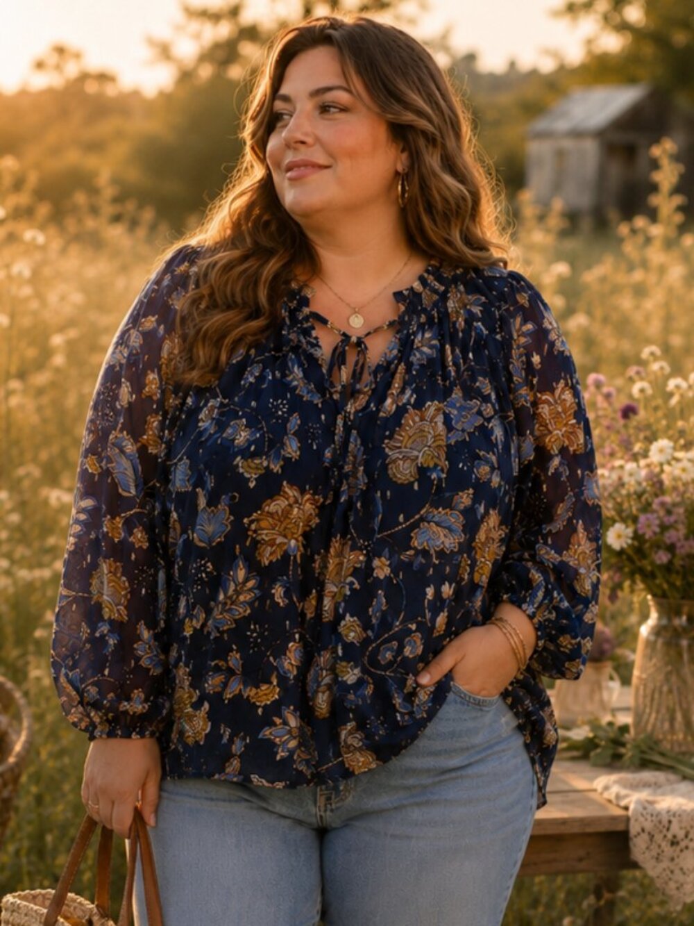 Tie-Neck Floral Blouse in‎ Navy - Elegant Long-Sleeve Top